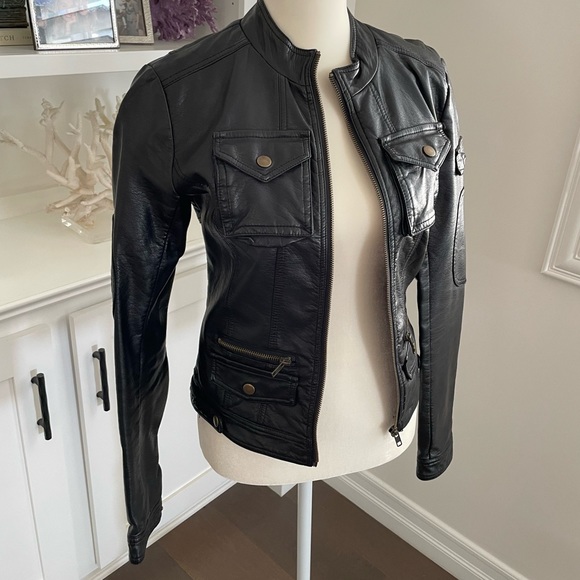 Say What? Jackets & Blazers - Collarless faux leather Moto jacket, size small